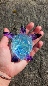 4.2 inch Resin Crystal Sea Turtle in Blue and Purple with Irredescent Background