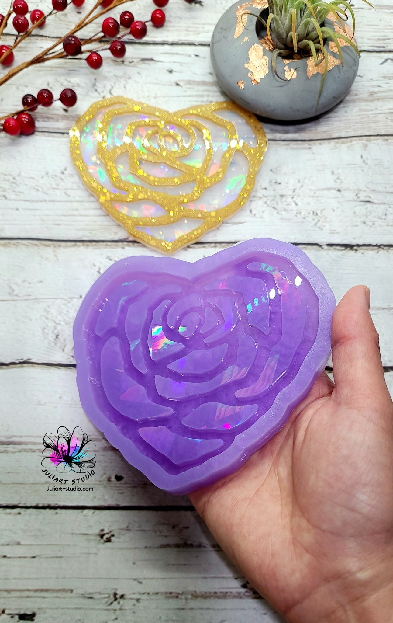 4.75 inch HOLO Rose Heart Coaster Silicone Mold for Resin – JuliArtStudio